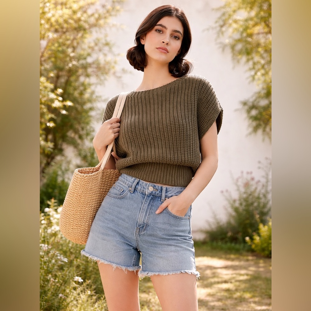 APRICOT 🍑 - Olive Knit Short Sleeve Sweater Top
